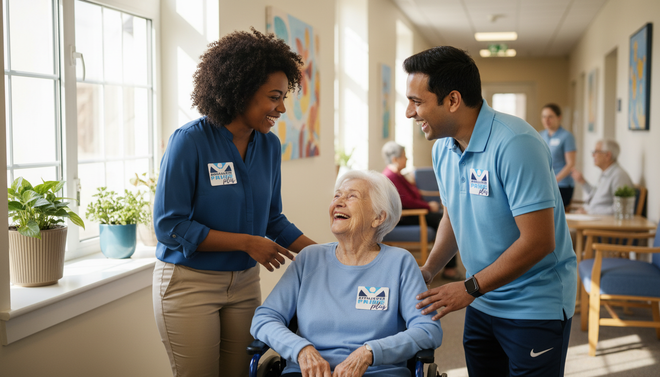 Staff interacting with seniors in a friendly environment
