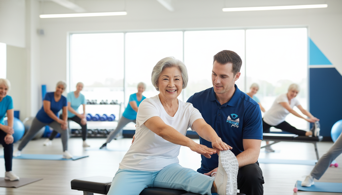 Active seniors participating in physical therapy and fitness class