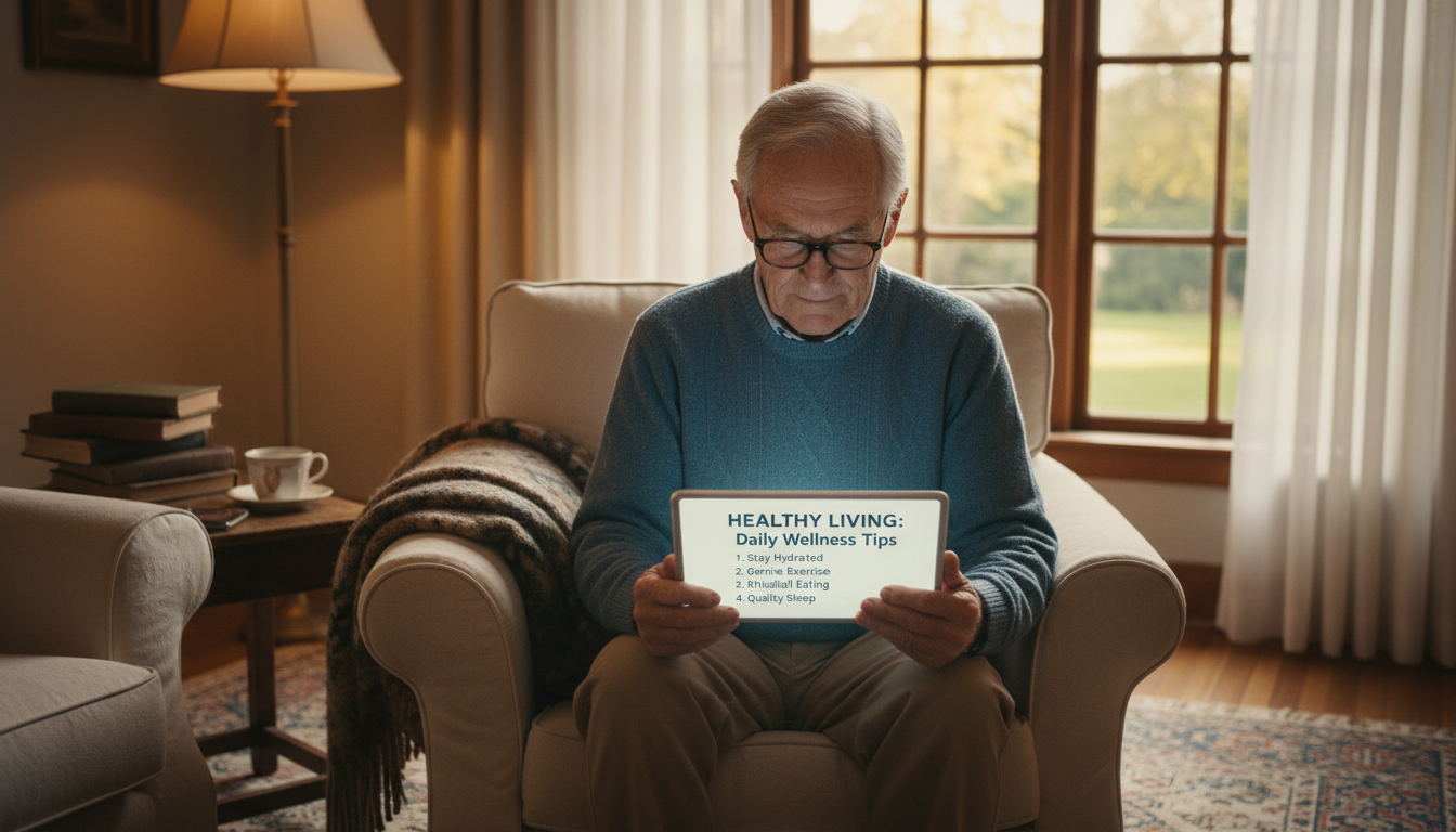 Senior reading and learning about wellness