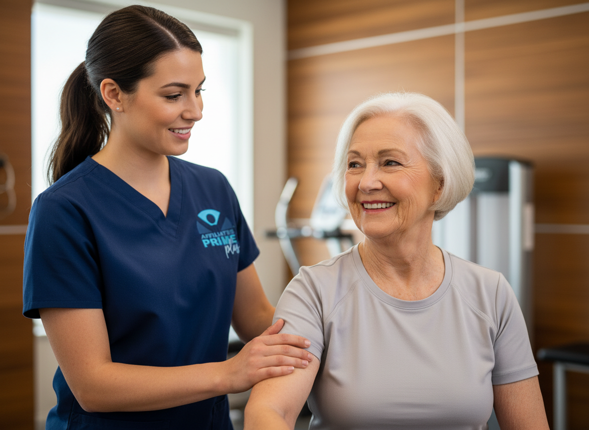 Physical therapy session with therapist and patient